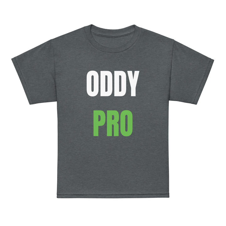 Oddy Pro Youth t-shirt in dark color featuring bold white and green lettering, perfect for active days.