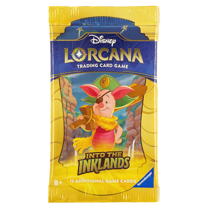 Lorcana: Into The Inklands TCG Booster Pack featuring Disney character on yellow background