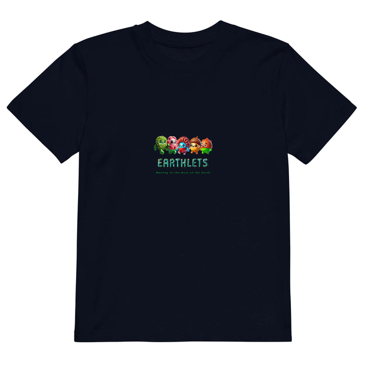 Earthlets organic cotton kids t-shirt in navy featuring colorful cartoon characters and logo.