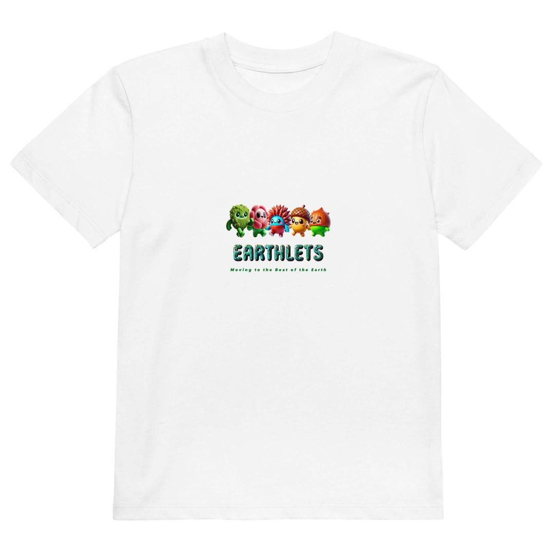Earthlets organic cotton kids t-shirt with colorful fun characters, promoting comfort and eco-friendliness.