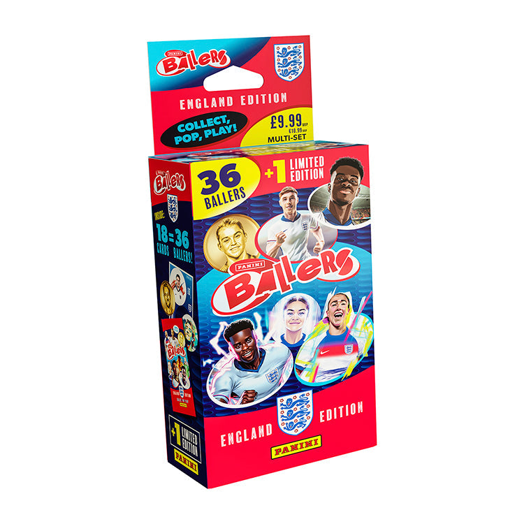 Panini Ballers 2026 Trading Card Collection box showcasing England Edition with 36 Ballers and limited edition cards.