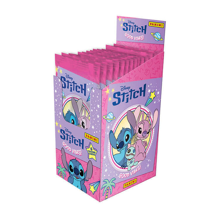 Stitch Good Vibes trading cards packs displayed in a colorful box featuring Stitch and Angel.