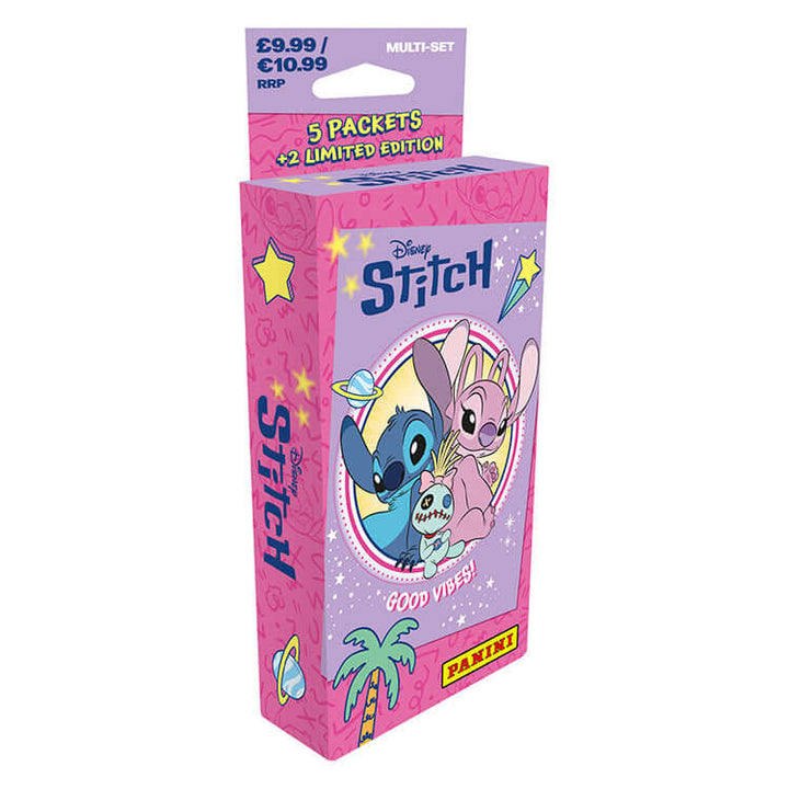 Stitch Good Vibes trading cards multiset packaging featuring Stitch and Angel with vibrant colors and playful design.