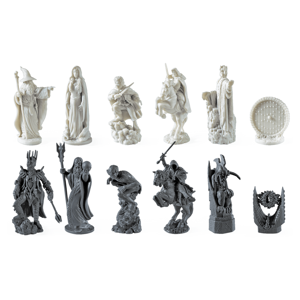 The Lord of the Rings - Battle For Middle Earth Chess Set pieces featuring iconic characters in a detailed chess arrangement.