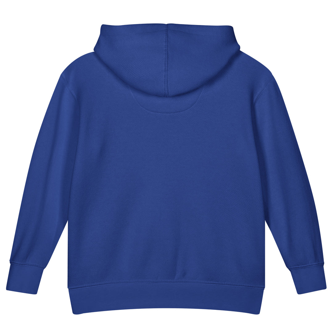 Back view of XP Grinder Toddler fleece pullover hoodie in blue color, showcasing cozy design and relaxed fit.