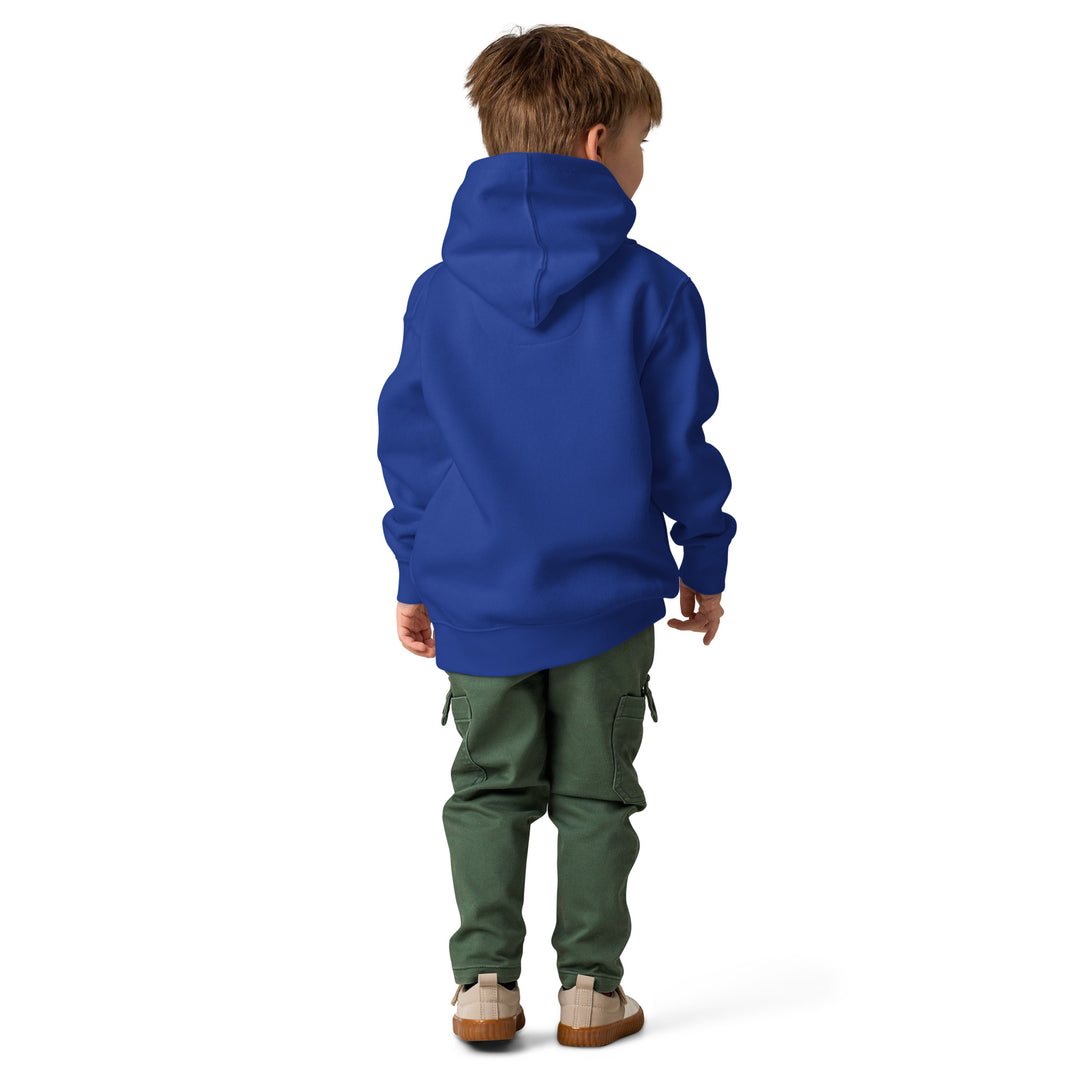 XP Grinder Toddler fleece pullover hoodie in blue worn by a child from the back, showing a relaxed fit and comfortable design.