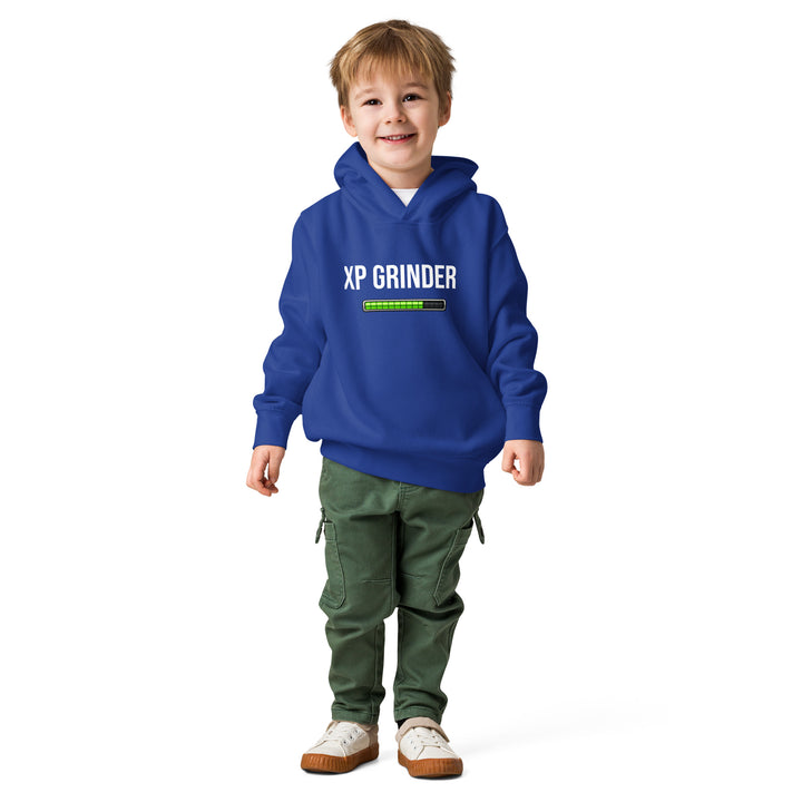 XP Grinder Toddler fleece pullover hoodie worn by a smiling child in a blue color with casual green pants.