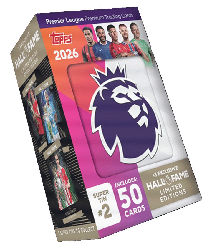 Premier League 2026 Super Tin by Topps featuring 50 cards and exclusive Hall of Fame LE cards.