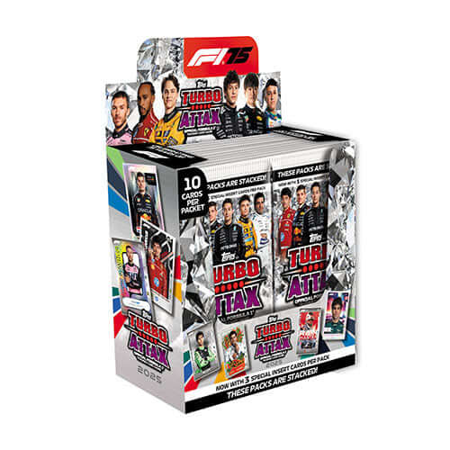 Official Formula 1 Topps Turbo Attax 2025 display box featuring multiple trading card packs.