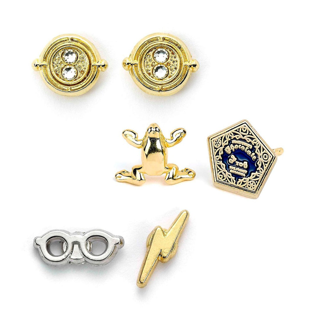 Harry Potter stud earring set featuring Time Turner, Chocolate Frog, and Lightning Bolt designs.