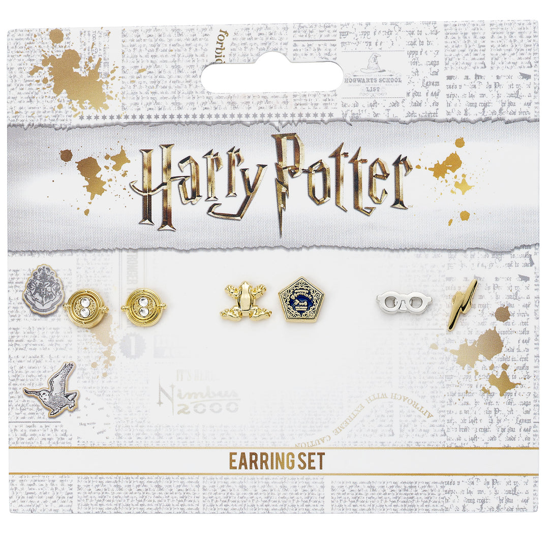 Harry Potter stud earring set featuring Time Turners, Chocolate Frogs, and Glasses & Lightning Bolt designs.
