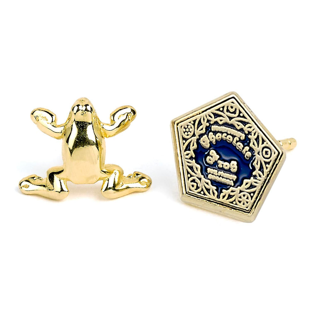 Official Harry Potter stud earring set featuring gold Chocolate Frog and decorative design.