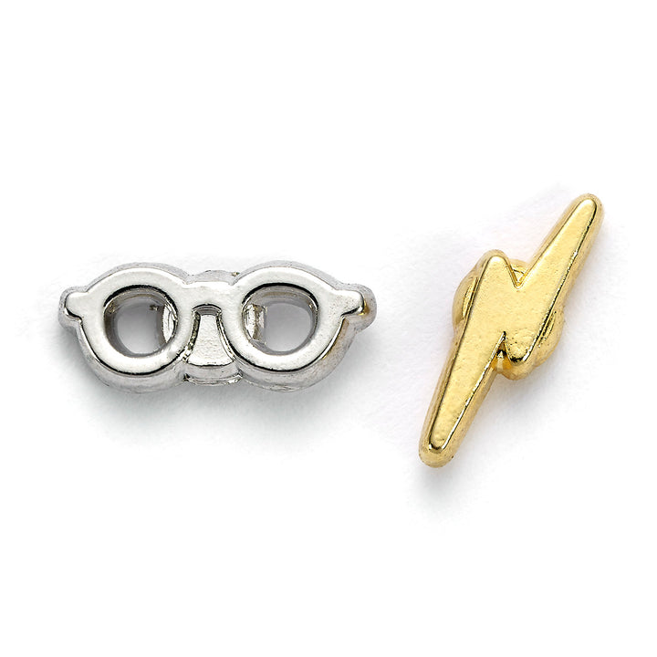 Harry Potter stud earring set featuring silver glasses and gold lightning bolt designs.