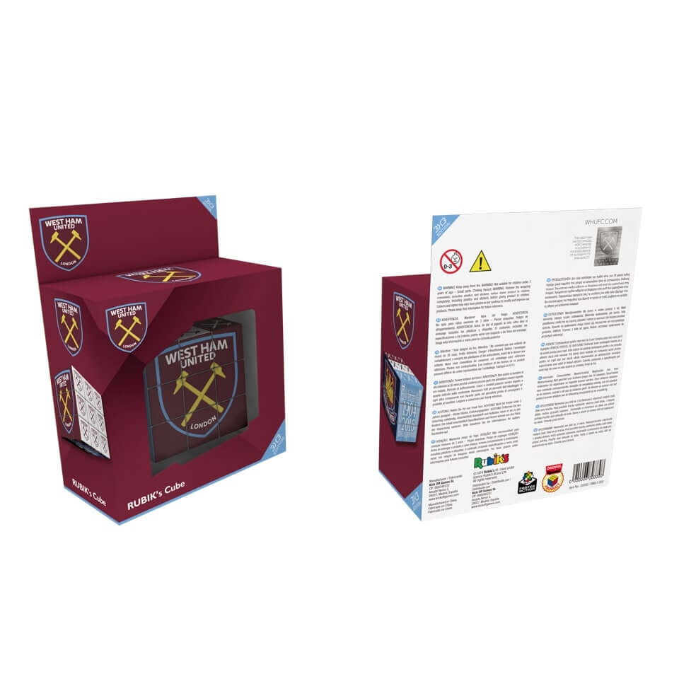 West Ham Rubik's Cube packaging featuring West Ham United logo and information on the back.