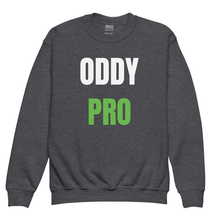 Oddy Pro Youth crewneck sweatshirt in dark gray featuring bold white text and green accents.