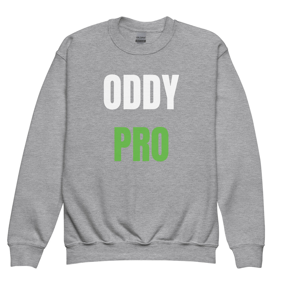 Oddy Pro Youth crewneck sweatshirt in gray with bold white and green lettering, perfect for cozy adventures.