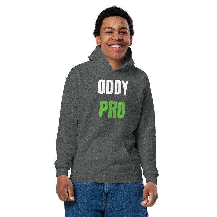 Oddy Pro Youth heavy blend hoodie in a cozy gray color, perfect for active children.