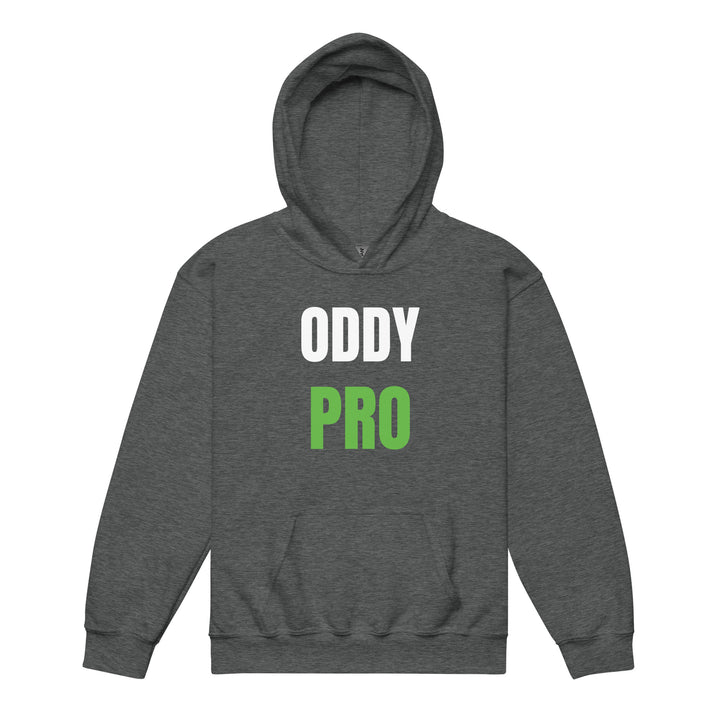 Oddy Pro Youth heavy blend hoodie in dark grey with bold white and green lettering, front view.