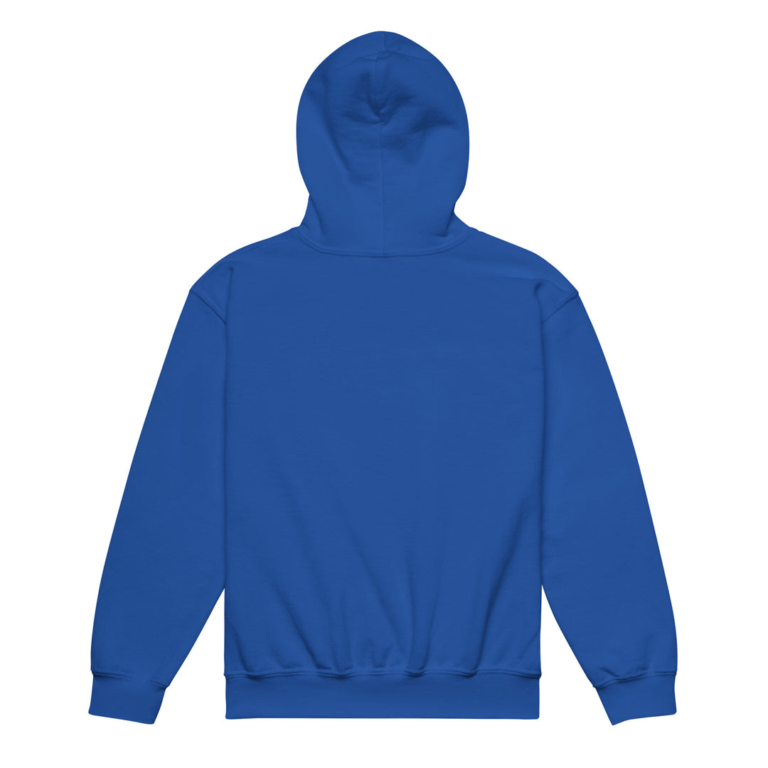 Back view of the Oddy Pro Youth heavy blend hoodie in solid blue color, showcasing its durable and comfortable design.