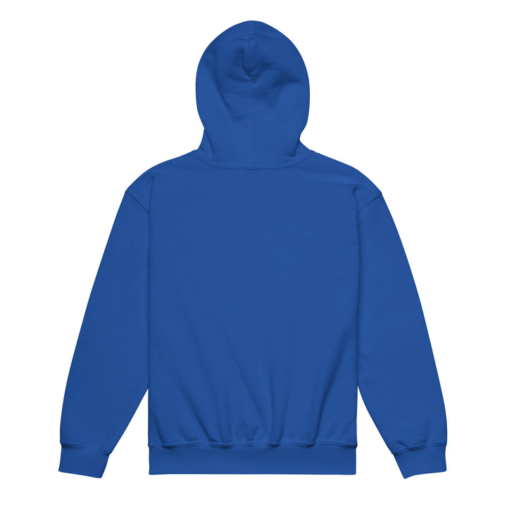 Back view of the Oddy Pro Youth heavy blend hoodie in solid blue color, showcasing its durable and comfortable design.
