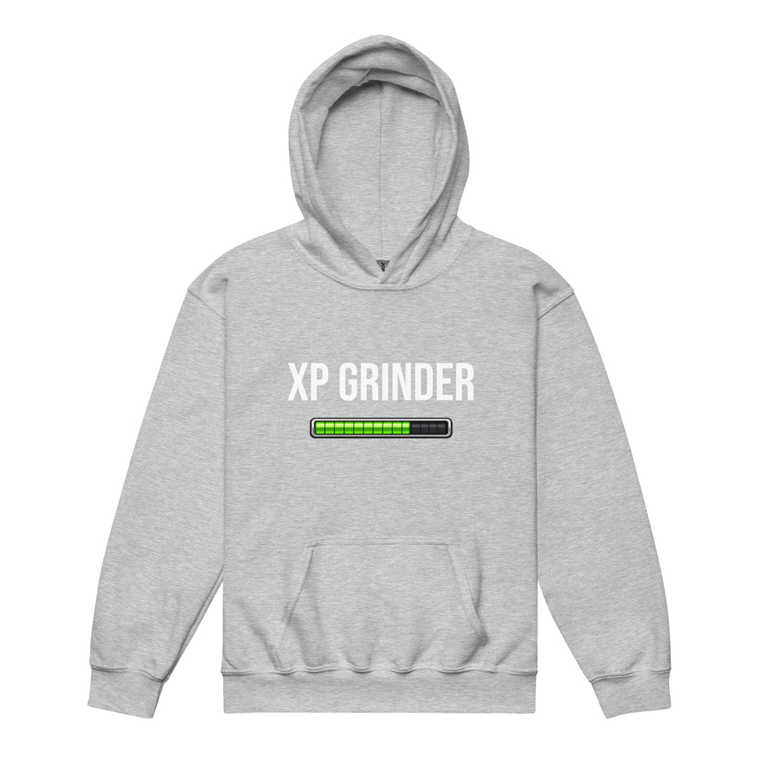 XP Grinder Youth heavy blend hoodie in grey with charging graphic and front pouch pocket.