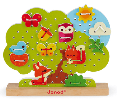 Wooden lace-up tree toy with colorful animal and decoration pieces by Janod, enhancing motor skills and hand-eye coordination.