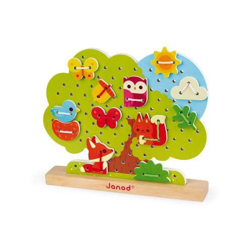 Wooden lace-up tree toy with colorful animal decorations by Janod, designed to enhance motor skills and hand-eye coordination.